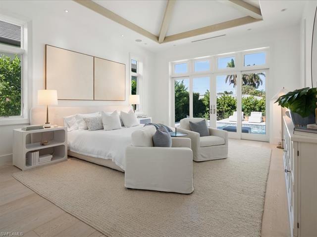 Bedroom featuring multiple windows, french doors, light hardwood / wood-style floors, and access to exterior