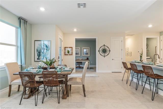 Dining room with baseboards, light tile patterned floors, visible vents, and recessed lighting