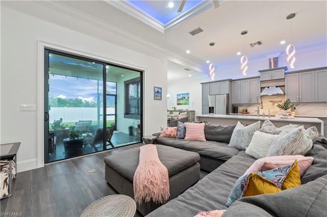 Living area featuring dark wood tile floors, recessed lighting, and crown molding