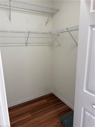 Walk in closet featuring dark wood-style flooring